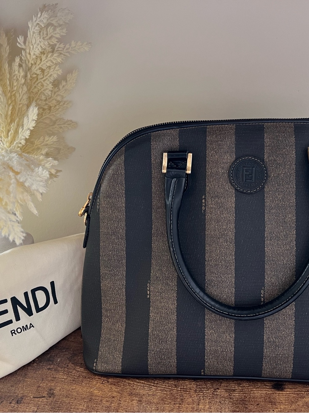 Fendi Black & Brown Striped Dome Satchel